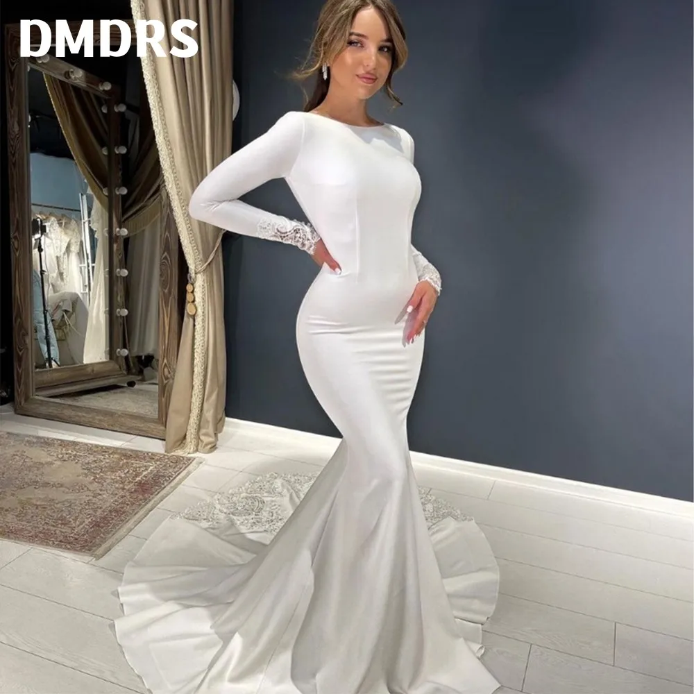 Elegant Satin Wedding Dress For Women Long Sleeves Scoop Neck Mermaid Bridal Gown Backless Simple Sexy Robe De Mariée
Elegant Satin Wedding Dress For Women Long Sleeves Scoop Neck Mermaid Bridal Gown Backless Simple Sexy Robe De Mariée