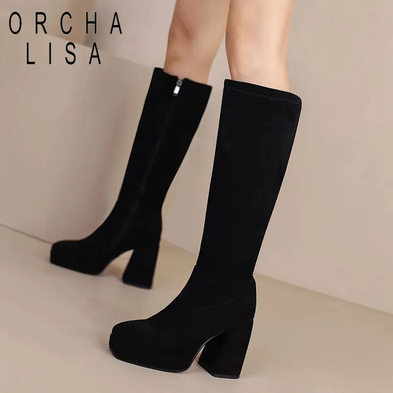 SIMLOVEYO Women Knee High Boots Flock Suede Round Toe Block Heels 9cm Platform 2cm Slip On 45 46 47 Concise Daily Female Booties
SIMLOVEYO Women Knee High Boots Flock Suede Round Toe Block Heels 9cm Platform 2cm Slip On 45 46 47 Concise Daily Female Booties