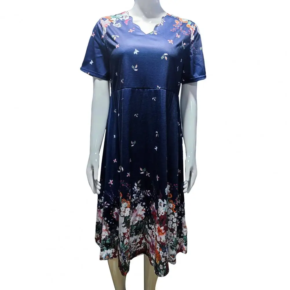 

Casual Loose Fit Dress Floral Print A-line Midi Dress with Short Sleeves V Neck for Summer Parties Shopping Wavy V-neck Dress