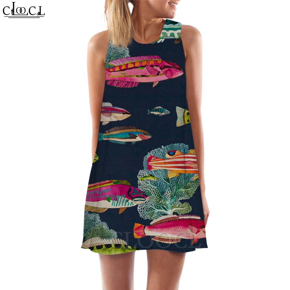 

CLOOCL Casual Women Tank Dress Beach Style Watercolor Fish Pattern 3D Printed Sundress Sexy Mini Dress Sleeveless Dress