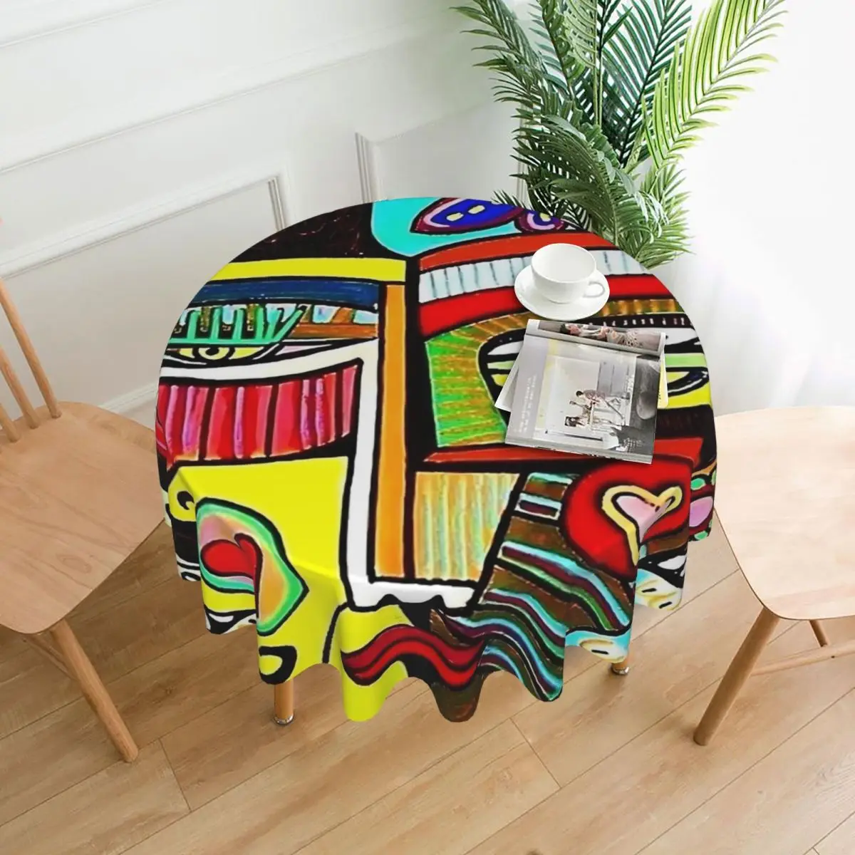 

Funky Abstract Style Art Face With Dots And Stripes Tablecloth Round Table Cloth For Events Party Table Cover Table Decoration