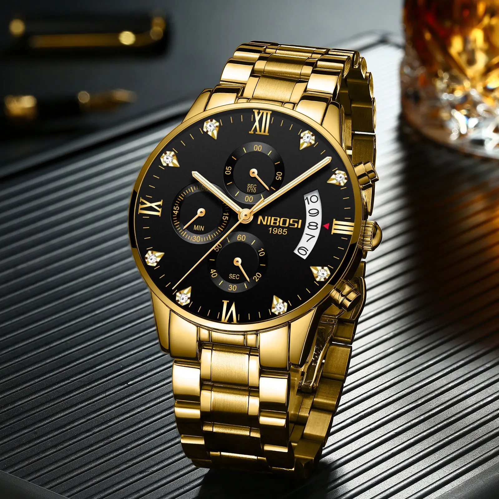 

NIBOSI Diamonds Gold Watches for Men Top Brand Luxury Luminous Men's Quartz Watch Waterproof Business Male Date Clock Relogio
