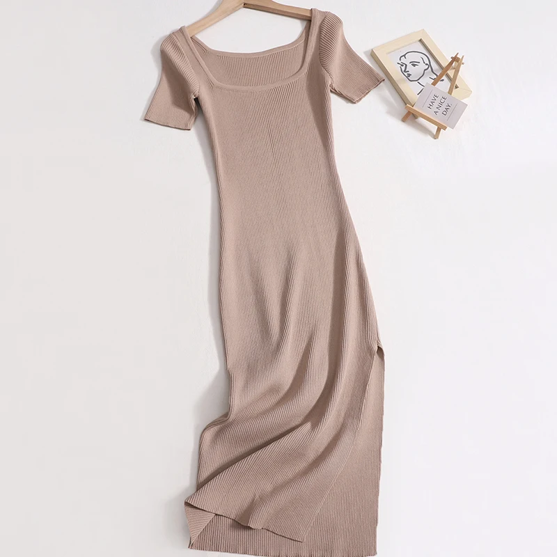 Женское винтажное платье средней длины, элегантное однотонное облегающее платье с квадратным вырезом, коротким рукавом и разрезом, весна-лето 
Женское винтажное платье средней длины, элегантное однотонное облегающее платье с квадратным вырезом, коротким рукавом и разрезом, весна-лето