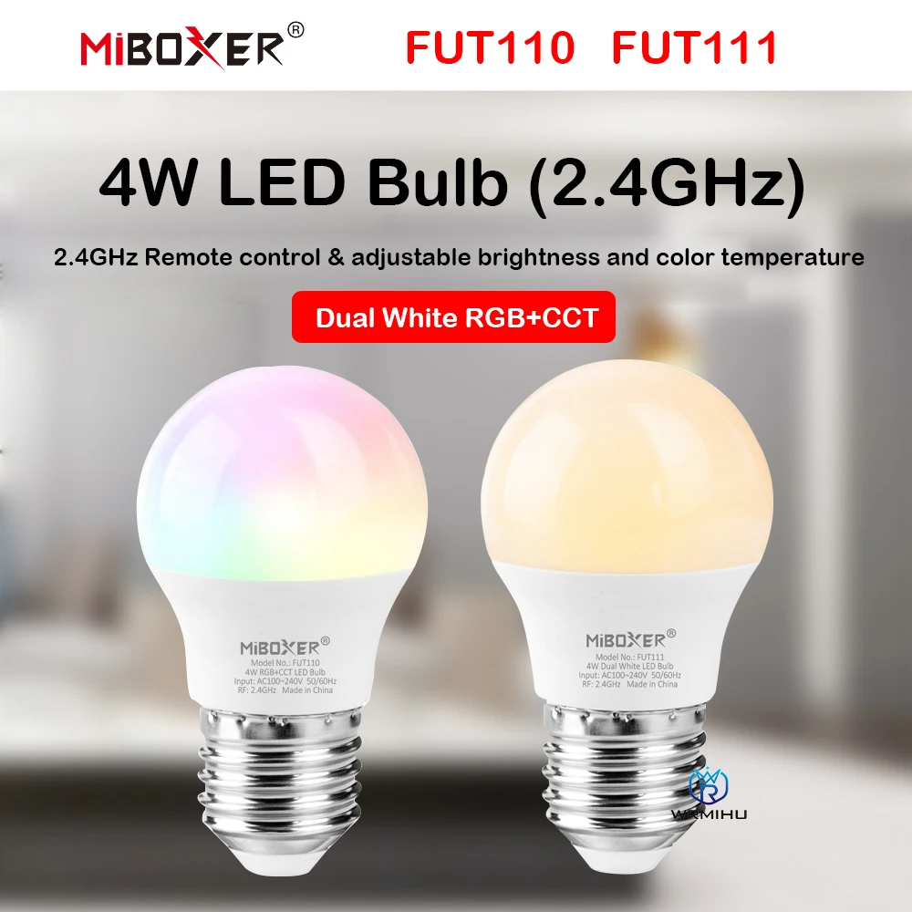 

Miboxer FUT110 FUT111 4W Dual White RGB+CCT LED Bulb E27/26/22 2.4G RF Remote Controllable Smart 16 Millions of Colors to Choose