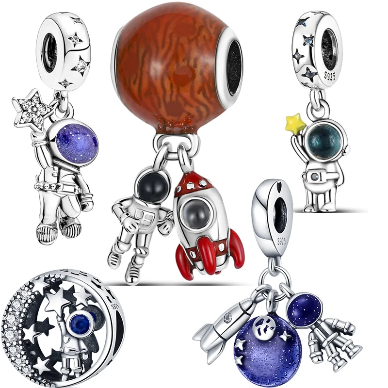 

New 925 Sterling Silver Stars Astronaut Rocket Space Galaxy Blue Fashion Beads Fit Original Pandora Charms Bracelet DIY Jewelry