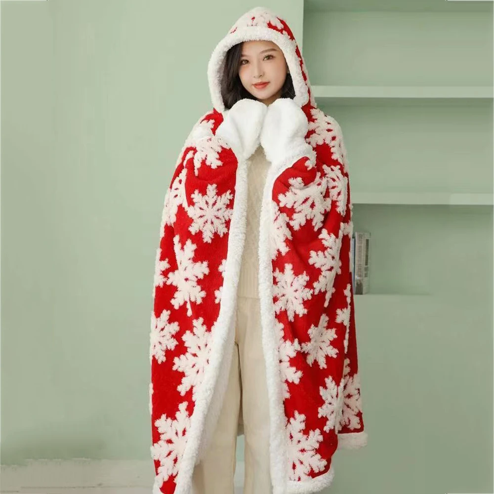 

Winter Christmas Blanket Jacquard Snowflake Thickened Multifunctional Knee Blanket Shawl Cape Blanket Flannel Lunch Blankets