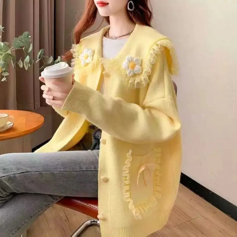 Sweet Peter Pan Collar Pockets Bow Lace Cardigan Sweaters Female Clothing 2024 Autumn Winter New Loose Knitted Young Style Tops Sweet Peter Pan Collar Pockets Bow Lace Cardigan Sweaters Female Clothing 2024 Autumn Winter New Loose Knitted Young Style Tops