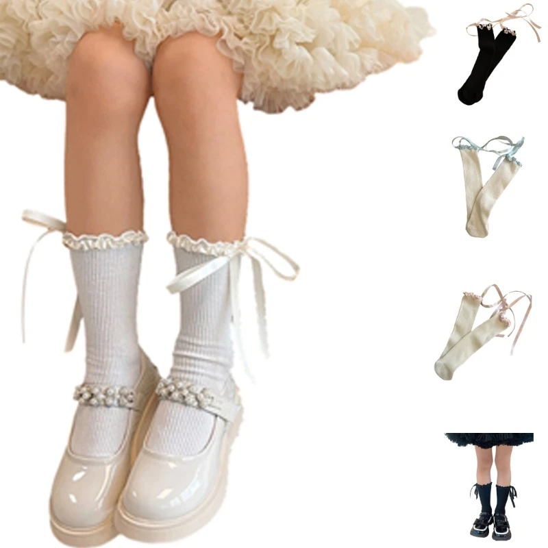 

Lace Up Ruffle Knee High Socks Little Girl Knit Slouchy Socks Breathable Spring Socks Children Hosiery Leg Warmers
