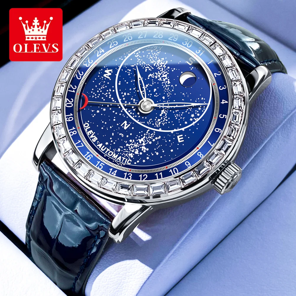 

OLEVS 9923 Men's Automatic Mechanical Watch Luxury Diamond Starry Sky Waterproof Luminous Dial Fashion Blue Leather Men's Watch
