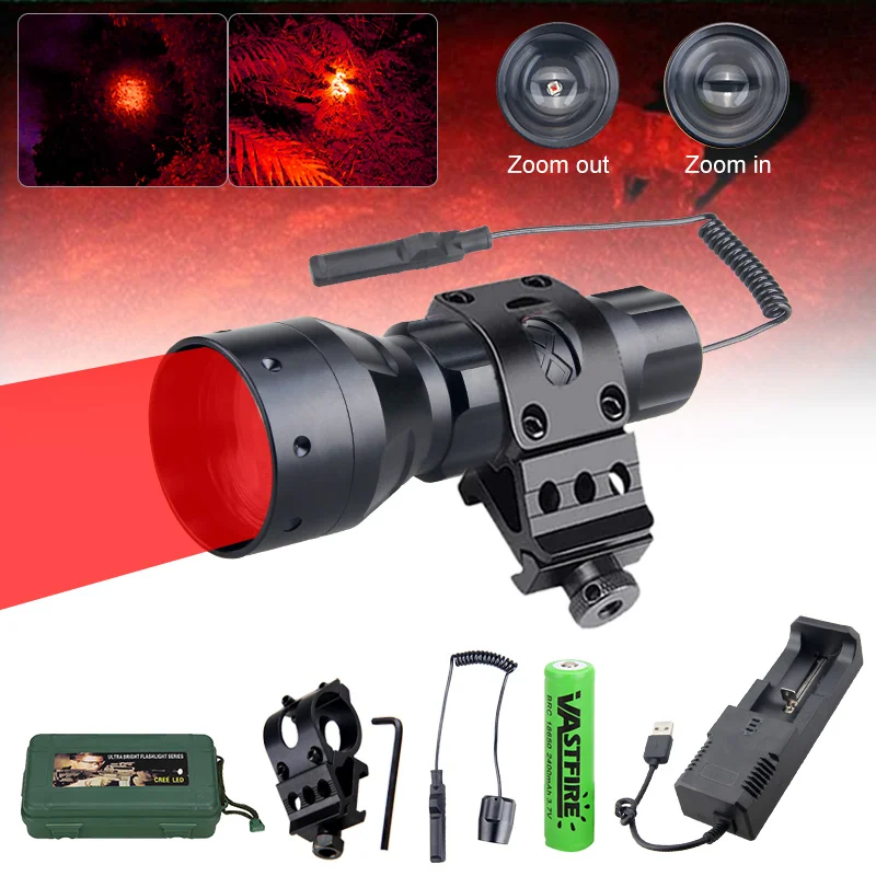 

500 Yard Led Hunting Flashlight Professional White/Green/Red Tactical Rifle Scope Lantern 1 Mode High+18650+Charger+Switch+Mount