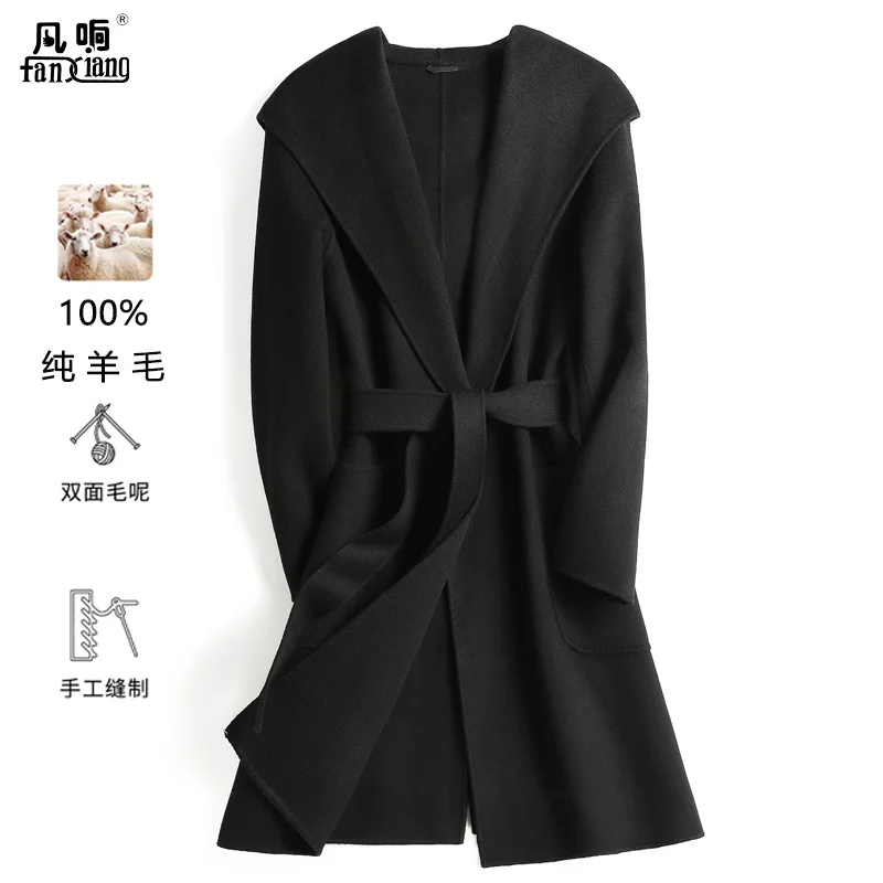 Cashmere Coat Women's 2022 Autumn/Winter New Double sided Woolen Mid length Hooded Belt Loose Black Woolen Coat
Cashmere Coat Women's 2022 Autumn/Winter New Double sided Woolen Mid length Hooded Belt Loose Black Woolen Coat