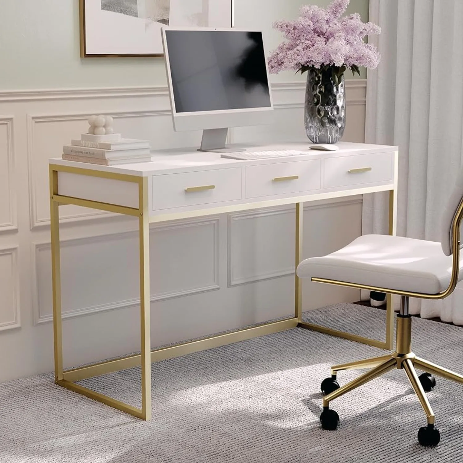 

Martha Stewart Ollie Home Office Desk with 3 Drawers in White with Polished Brass Hardware 47.25"D X 19.75"W X 30.25"H