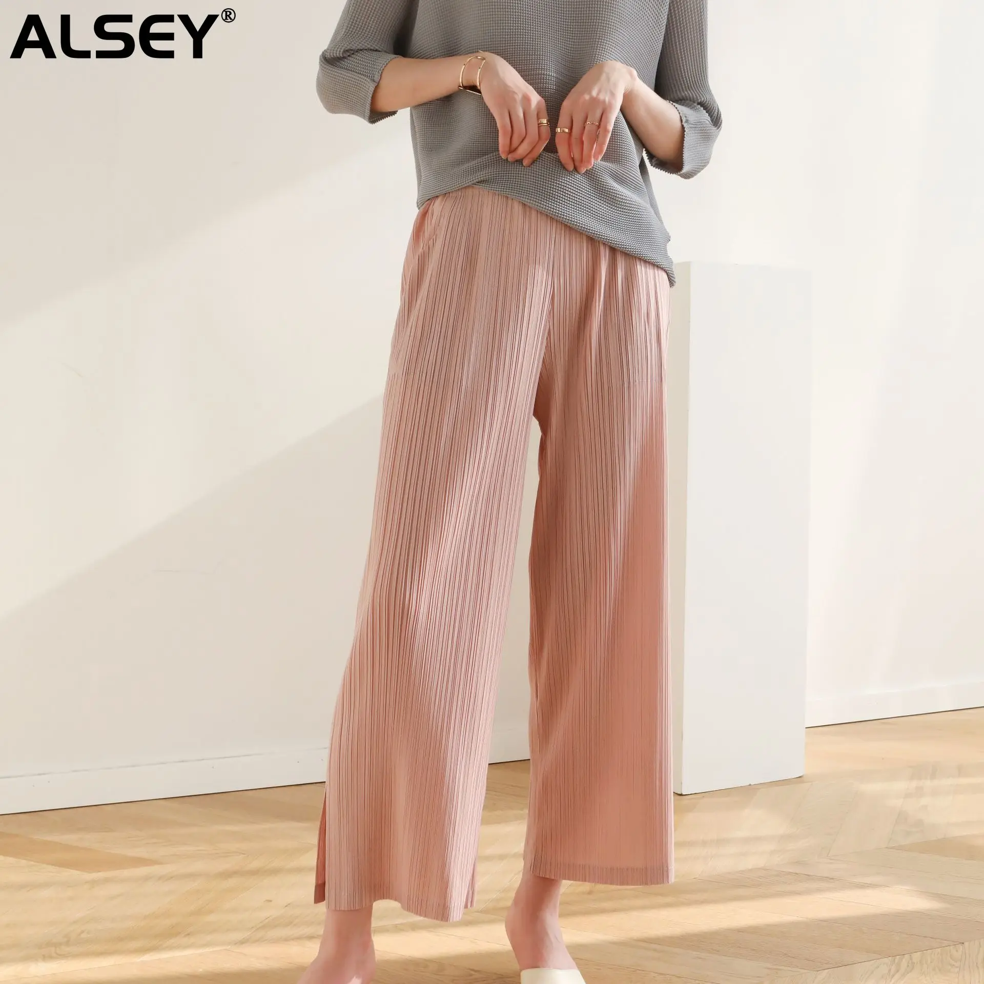 

ALSEY Miyake Pleated Elastic Waist Casual Pants Spring Summer Fall New Hundred Casual Loose Nine Minute Straight Trousers