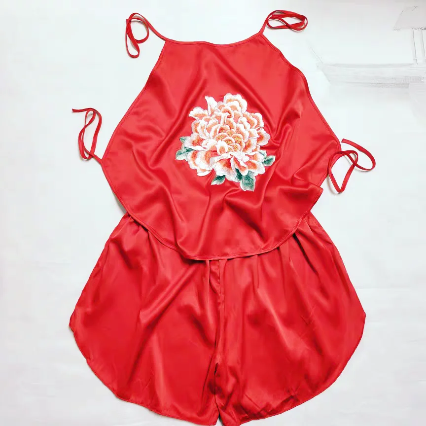 

Chinese Traditional Fortune Clothes Red Peony Embroidery Dudou Top & Short Pajama Set Wedding Appointment Honeymoon Undergarment