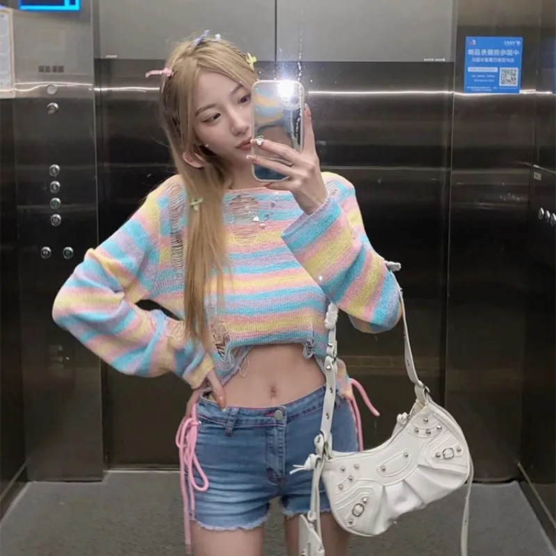 Vintage Striped Rainbow Sweater Women Harajuku Hollow Out Hole Knitted Pullover Fashion Loose Casual Crop Top Chic Ladies Jumper
Vintage Striped Rainbow Sweater Women Harajuku Hollow Out Hole Knitted Pullover Fashion Loose Casual Crop Top Chic Ladies Jumper