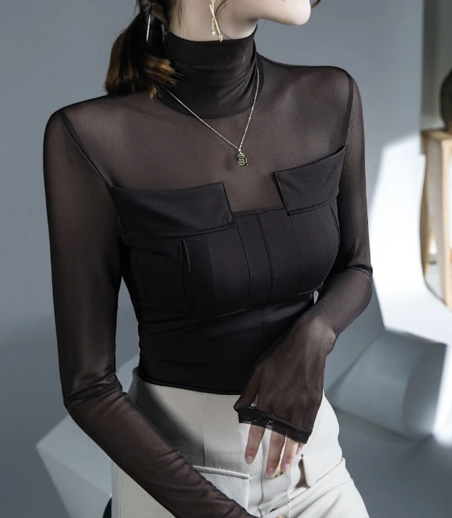 

Женская блузка с длинным рукавом, элегантная приталенная блузка с высоким воротником на осень и зиму, 2023