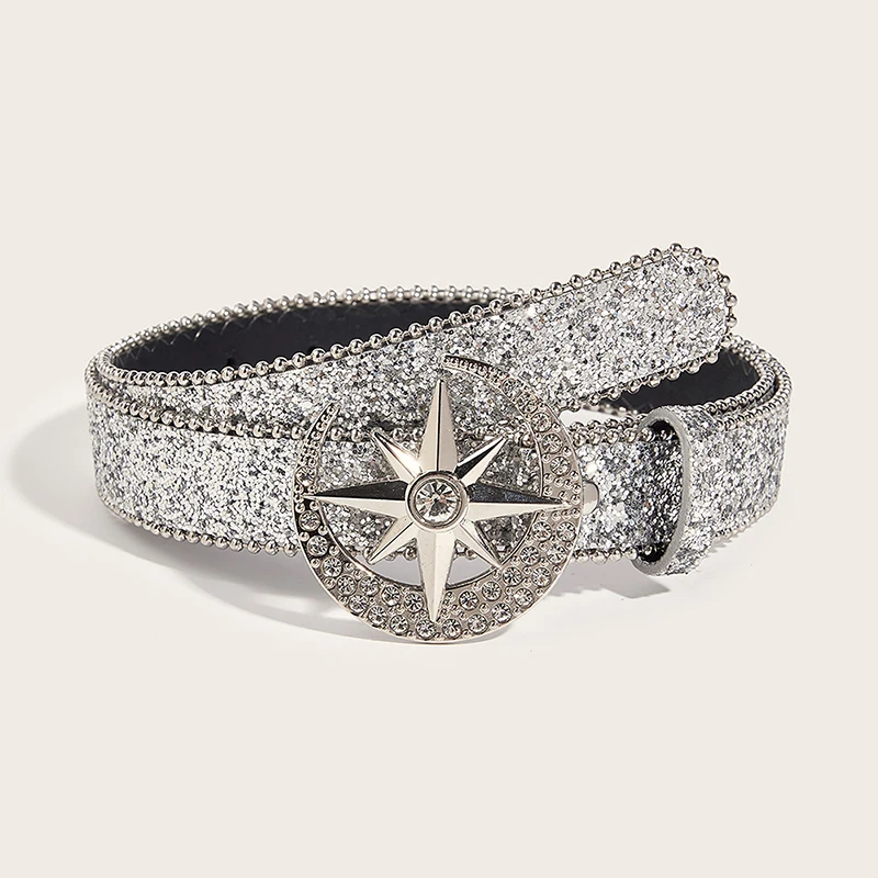 

Fashion Rhinestone Buckle Belt For Women Men Y2k Bling Sequin Punk Metal Buckle Waist Strap Shiny PU Leather Waistband