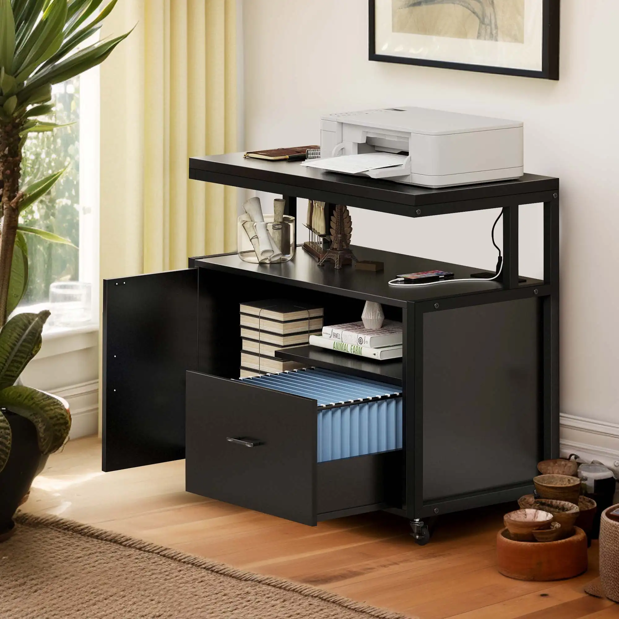 Dextrus Wood File Cabinet with Charging Station, Rolling Lateral Filing Cart with Door & Printer Shelf for A4 Letter Size Files
Dextrus Wood File Cabinet with Charging Station, Rolling Lateral Filing Cart with Door & Printer Shelf for A4 Letter Size Files