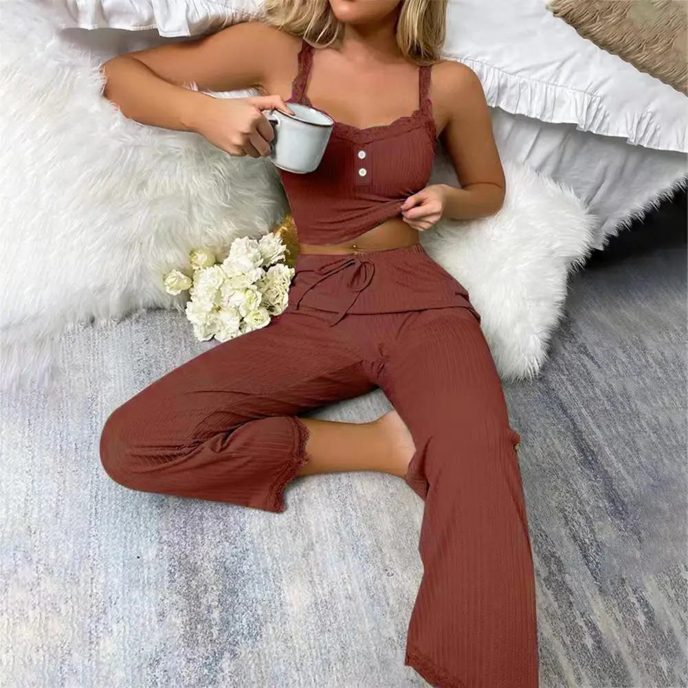 

Women Pajama Set Women's Flower Edge Crop Top Pants Set with Drawstring Waist V Neck Sleeveless Camisole Long Trousers Pajama