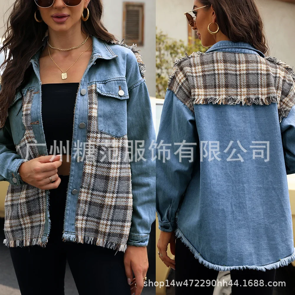 

Denim Jacket Women Denim Stitching Plaid Coats Long Sleeve Top Loose Jackets Harajuku Retro Spring Autumn Coat New