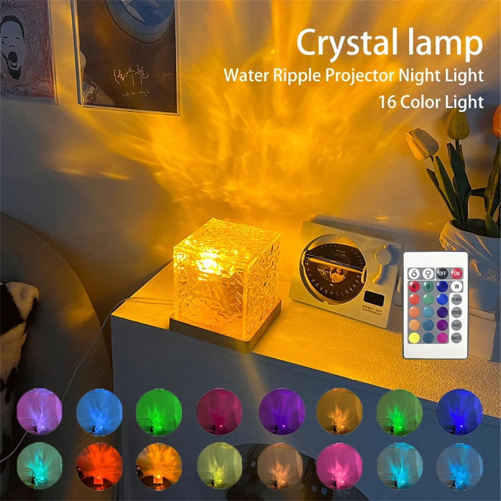 

16 Colors Control LED Water Ripple Ambient Night Light USB Rotating Projection Crystal Table Lamp RGB Dimmable Home Decoration
