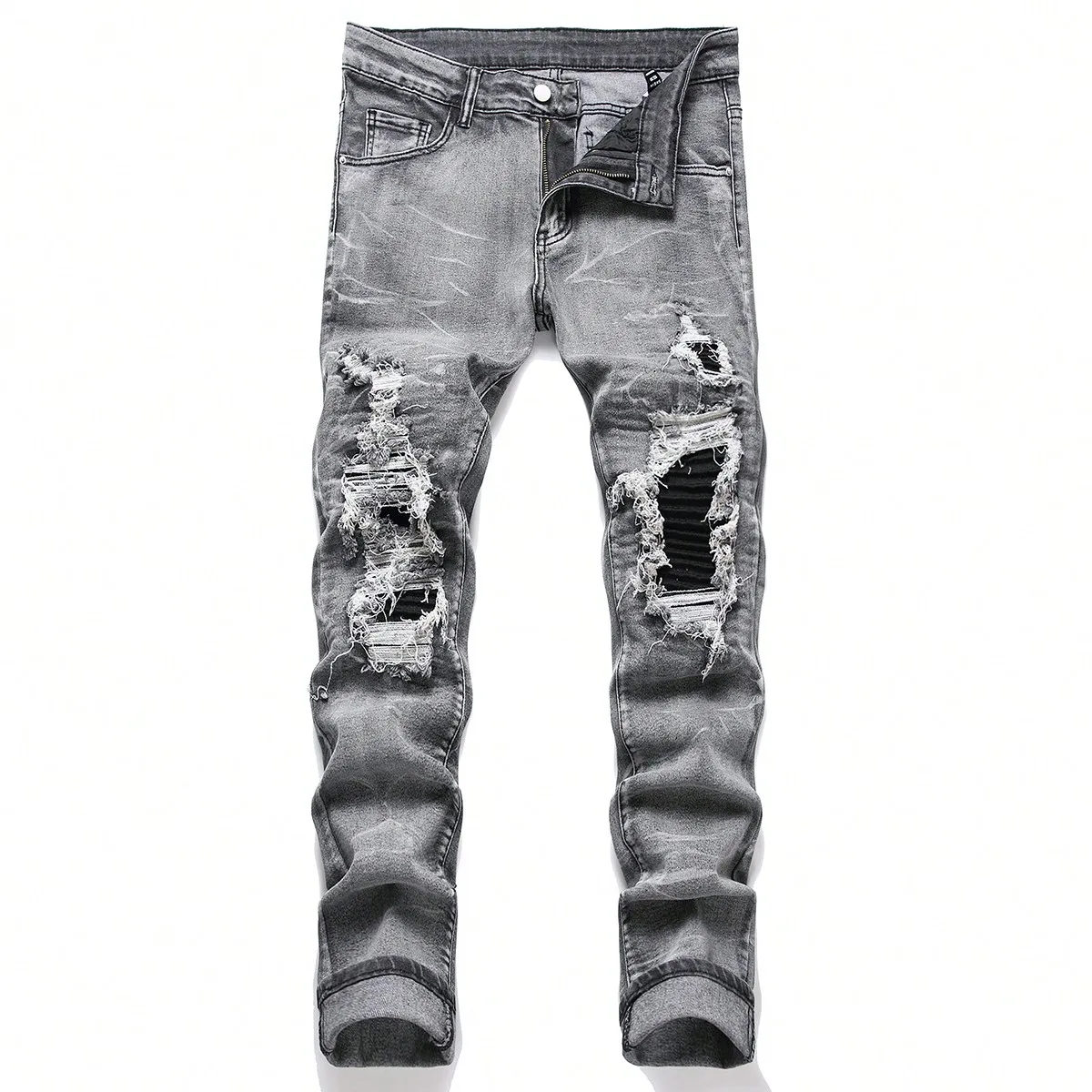 

Men‘s Stretchy Denim Jeans Streetwear Tearing Patchwork Holes Ripped Denim Elastic Waist Casual Pants Slim fit Straight Trousers