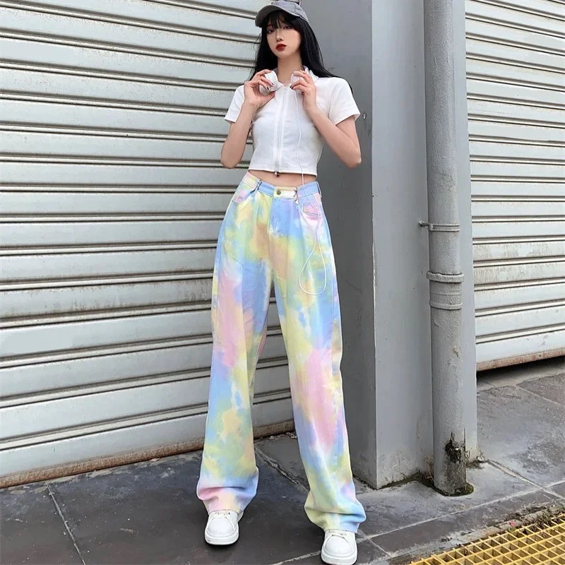 

Straight Leg Trousers High Waist Shot Women's Jeans Tie Dye with Pockets Pants for Woman Original Chic and Elegant Stretch Cheap