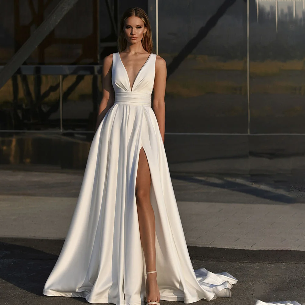 

A-Line Wedding Dress Satin Side Slit Floor Length Custom Made To Measure For women Robe De Mariee With Pocket White Elegant 2023