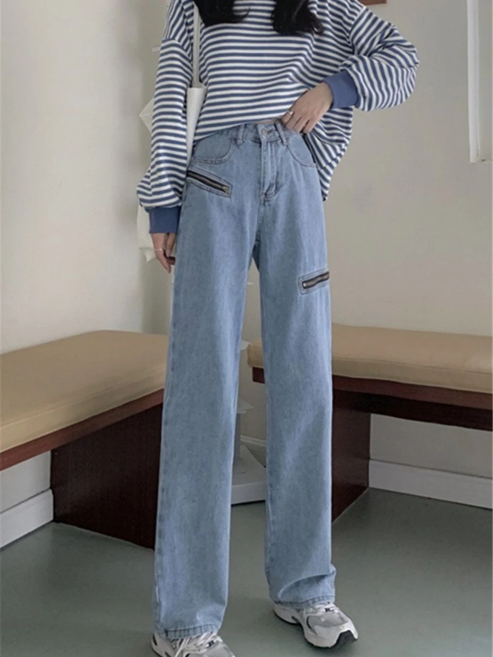 

2023 Spring And Autumn New Women's High-Waisted Straight Tube Vertical Pants Mop Ladies Loose Thin Wide Leg Jeans