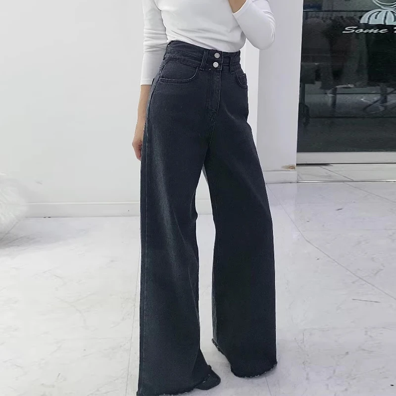 

SuperAen 2024 Korean Chic Autumn/winter Retro Niche High Waisted Ruffled Design Pockets Casual Wide Leg Jeans