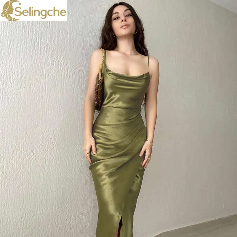 

European and American Spicy Girl Style Sexy Low Cut Satin Slit Suspender Dress New Slimming Backless Long Skirt