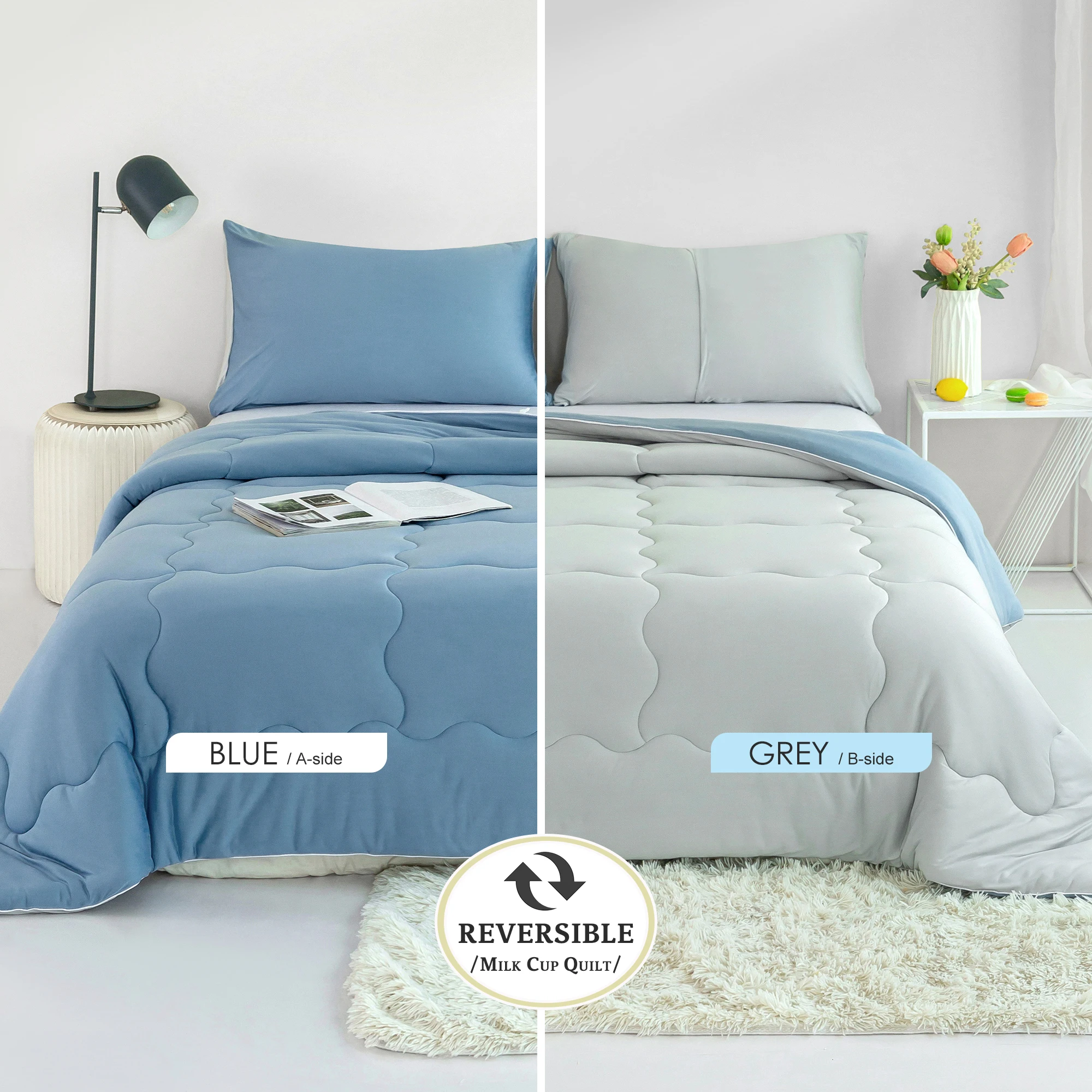 

light blue and grey, Cozy Fully Breathable Bedding comforter sets,The 271*234cm is 107inch*92 inch ,fitted forKing/Cal King Bed