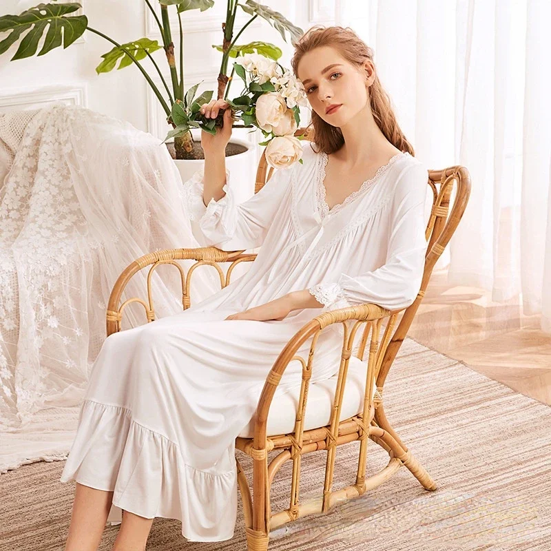 

Victorian Romantic Loose Sleepwear Autumn Vintage Nightgowns Princess Sleeping Robe Women Modal Cotton Peignoir Long Night Dress