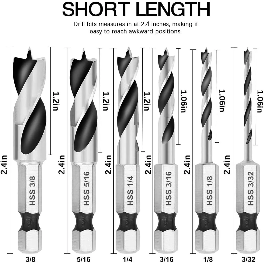 6pcs HSS SAE Brad Point Stubby Drill Bit Set For Wood With 1/4-Inch Quick Change Hex Shank 3/32 1/8 3/16 1/4 5/16 3/8
6pcs HSS SAE Brad Point Stubby Drill Bit Set For Wood With 1/4-Inch Quick Change Hex Shank 3/32 1/8 3/16 1/4 5/16 3/8