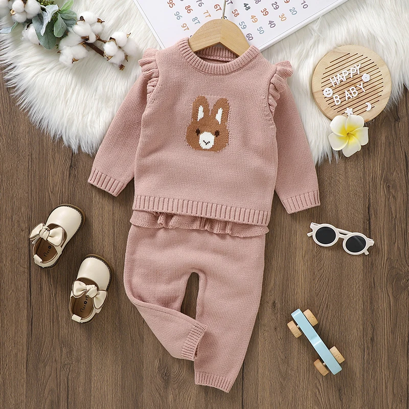 

Детские комплекты одежды для девочек, трикотажный ярко-розовый модный свитер с длинным рукавом и оборками и брюки для новорожденных, Осенний теплый комплект