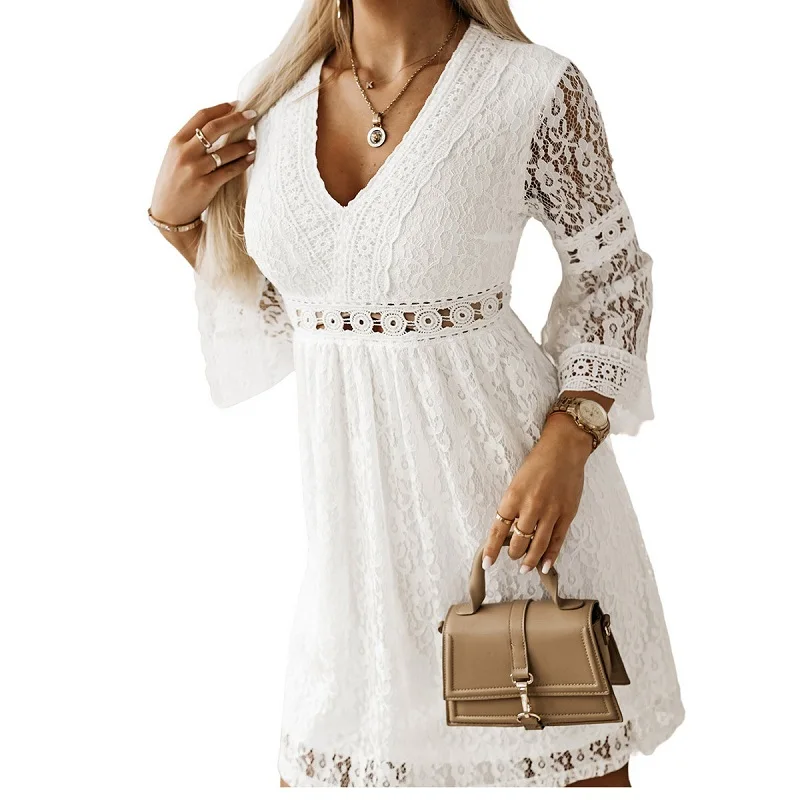 Sexy Hollow Out Lace Mini Dress Women V Neck Solid Floral Party Dress Ladies Elegant Flare Sleeve A Line Bodycon Dresses
Sexy Hollow Out Lace Mini Dress Women V Neck Solid Floral Party Dress Ladies Elegant Flare Sleeve A Line Bodycon Dresses
