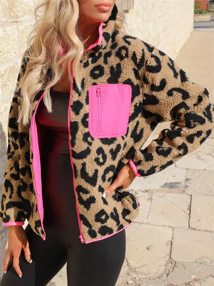 

2023 Winter Sexy Leopard Sweater Teddy Fleece Jacket Zipper Cardigan Faux Fur Pink Match Streetwear Coat Women Sherpa Fuzzy Tops