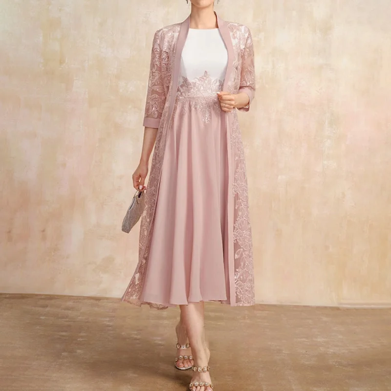 

2 Pieces Elegant Mother of the Bride Dresses with Jacket Chiffon Tea-Length A-Line Wedding Party Guest 2023 Formal Evening Gala