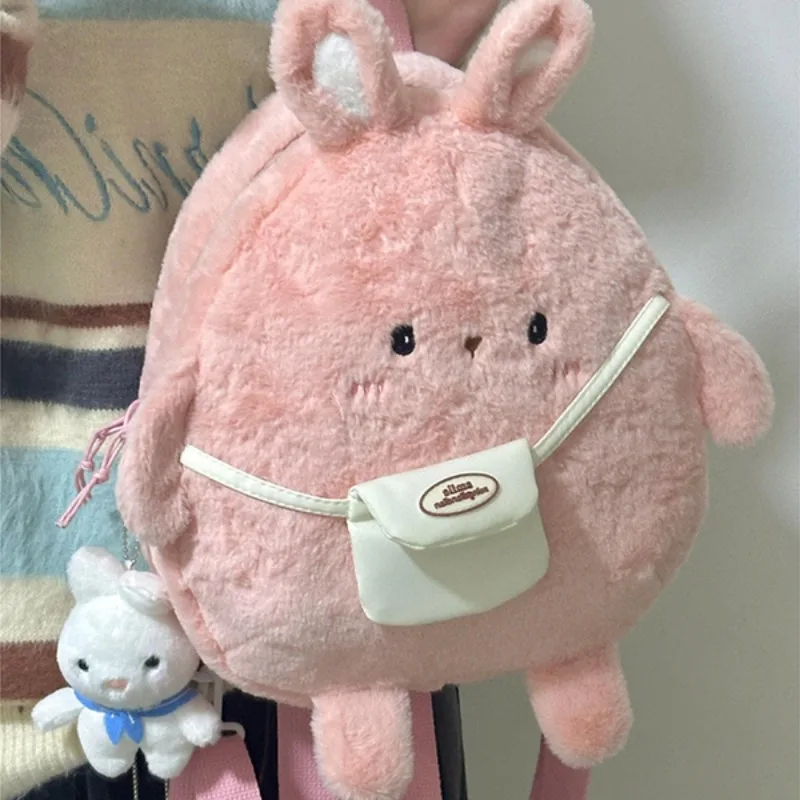 

MBTI Plush Bunny Womens Backpack Casual Fluffy Pink Harajuku Fashion Soft Cute Backpack Student Travel Literary Designer New Bag