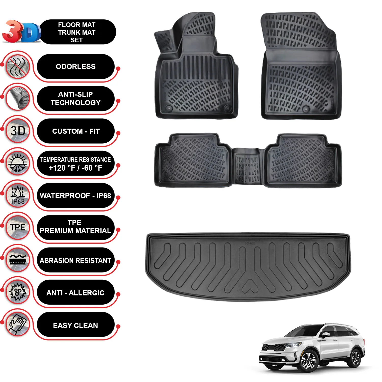 Kia Sorento 7 Seats - (2021-2023) - Floor Mats + Cargo Trunk Liner - SET - (Black)
Kia Sorento 7 Seats - (2021-2023) - Floor Mats + Cargo Trunk Liner - SET - (Black)