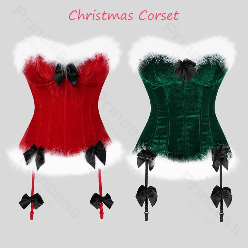 

Corset Tops for Women Christmas Costumes Sexy Bustier Plus Size Overbust Corset with Feathers Red Green Bodices and Corsets