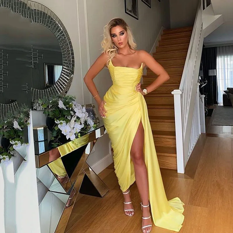 Yellow Mermaid Satin Evening Dresses 2023 Strapless Sexy Side Slit Pleats Formal Prom Gowns For Wedding Party Dress
Yellow Mermaid Satin Evening Dresses 2023 Strapless Sexy Side Slit Pleats Formal Prom Gowns For Wedding Party Dress
