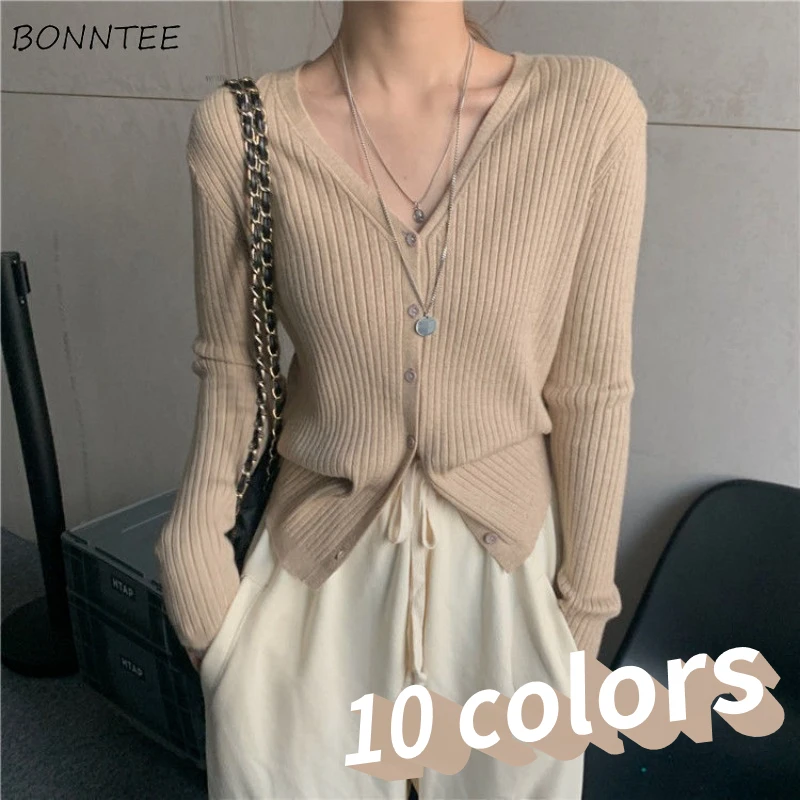 

Cardigan Women Solid 10 Colors Simple Daily Spring All-match Sweet Korean Style Basics Leisure Soft Designed Ladies Vintage New