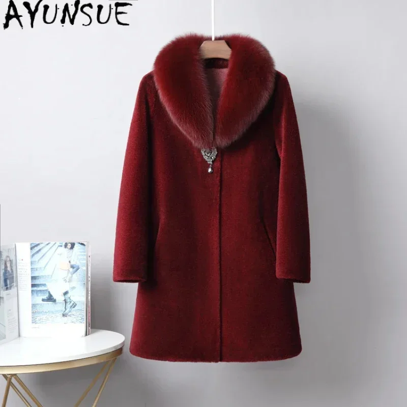 

Elegant AYUNSUE Sheep Shearing Jacket for Women 2024 Autumn Winter Luxury Fox Fur Collar Mid-length Coat 100% Wool Coats