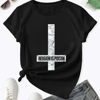 Uma Viagem Mística ao Estilo Vintage com a Camiseta Retro "Magical Mystery Tour" 8 2024 Anti Christian Trash Religion Is Poison Atheist Mysterious Gothic Pattern Printed Women's Round Neck Comfortable T-shirt