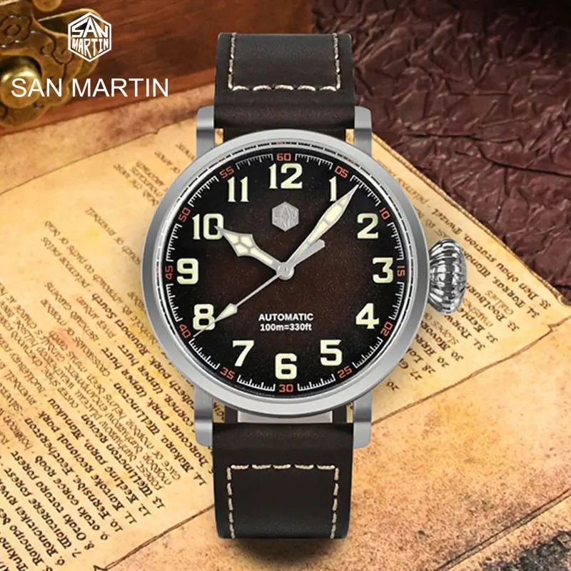 San Martin 40mm Men Mechanical Watch Sapphire Crystal Luxurious Luminous Waterproof PT5000 Automatic Diver Watches Leather Strap
San Martin 40mm Men Mechanical Watch Sapphire Crystal Luxurious Luminous Waterproof PT5000 Automatic Diver Watches Leather Strap