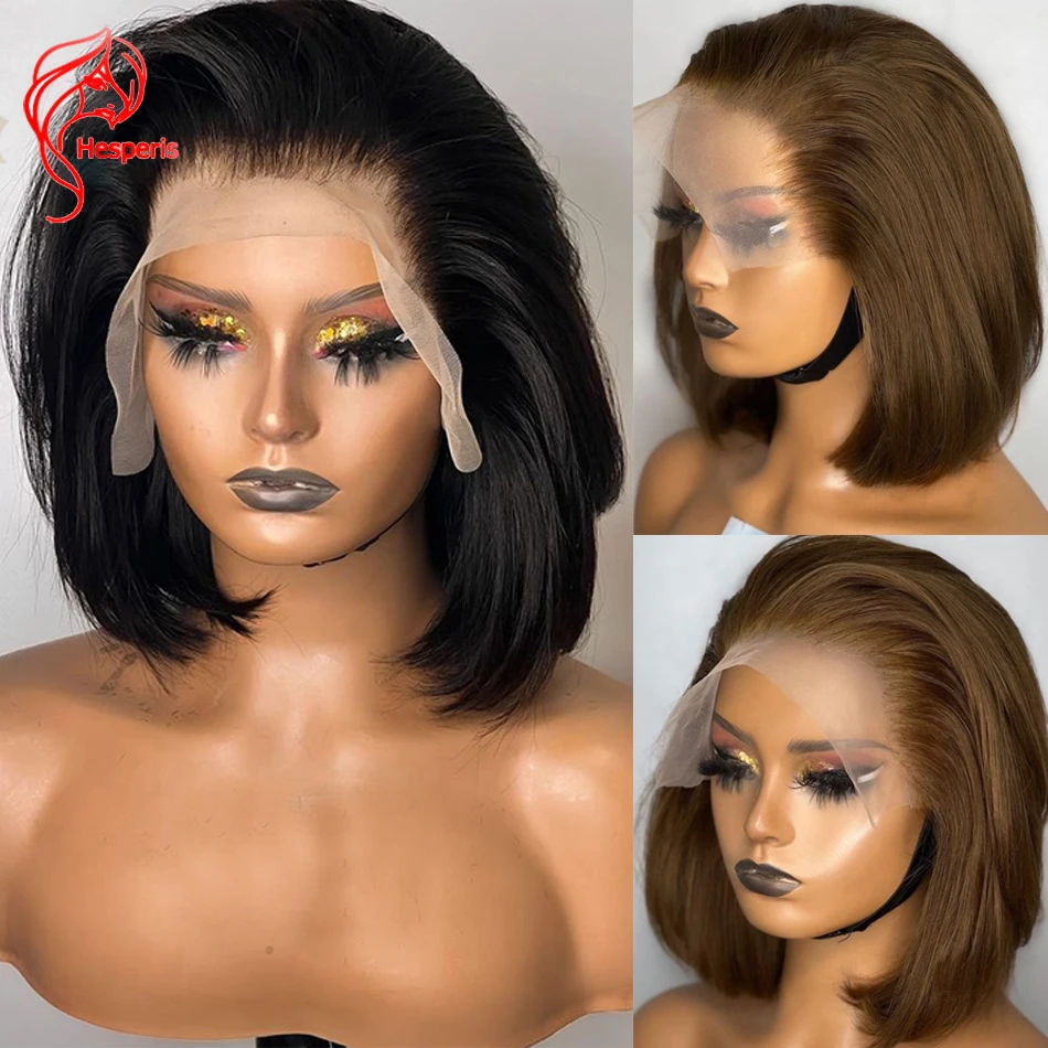 

Hesperis 13x4 Lace Front Wigs Human Hair Pre Plucked For Black Women #6 Brown180% Short Bob Cut Wig Natural Color Brazilian Remy