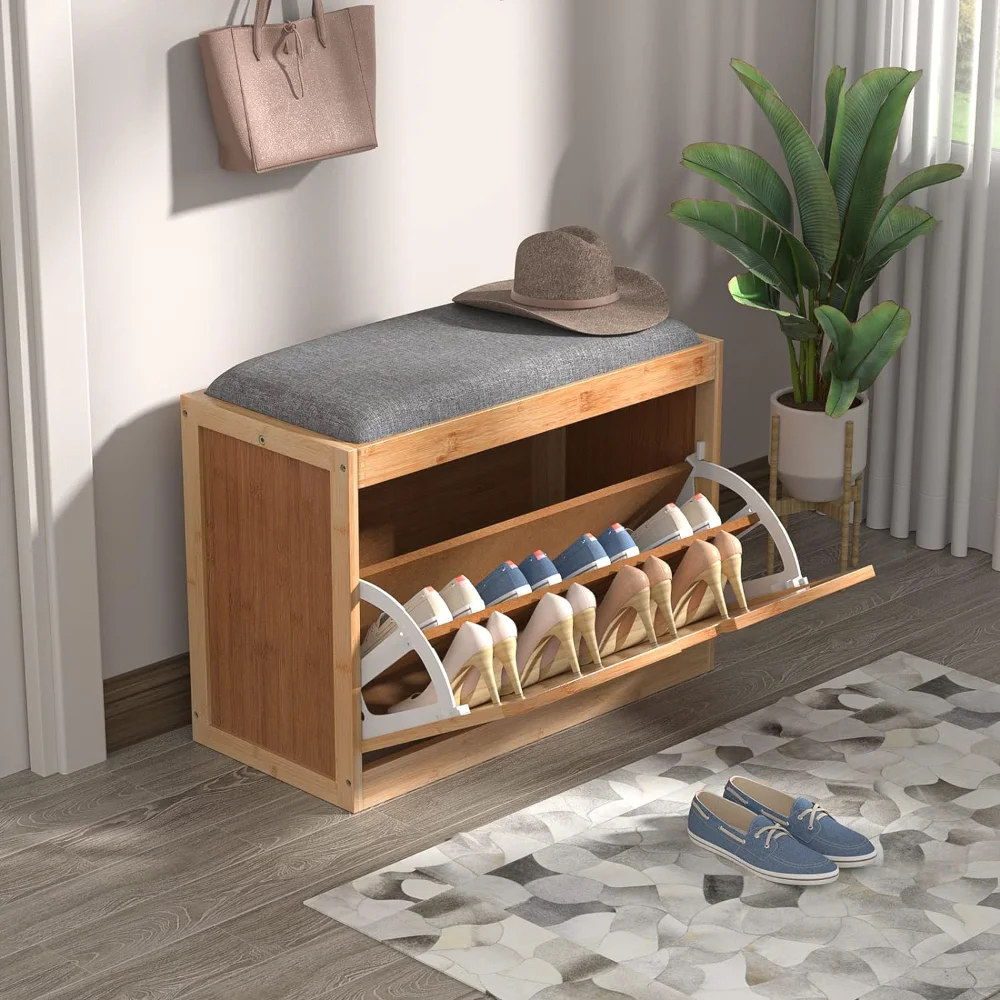 

Hidden Bamboo Shoe Bench with Storage, Seat Cushion, Flip Drawer for Entryway, Hallway, Mumroom