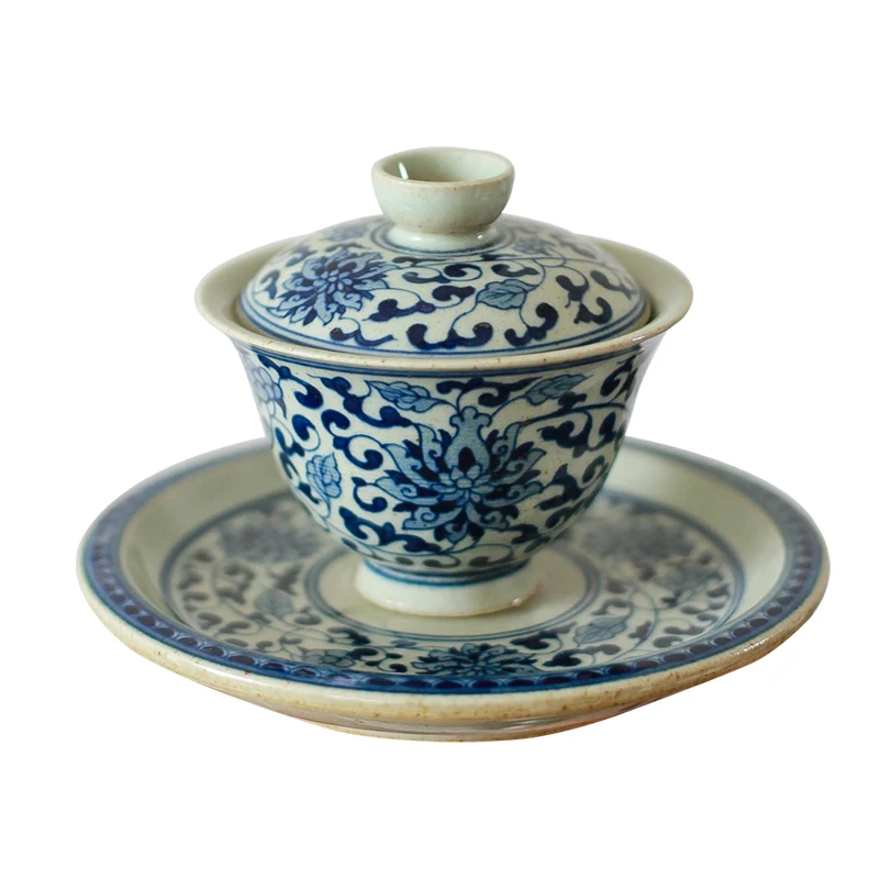 

Hand-Painted Blue and White Porcelain Gaiwan Interlock Branch Lotus Large Kung Fu Tea Set Tea Cup Tea Antique Tureen