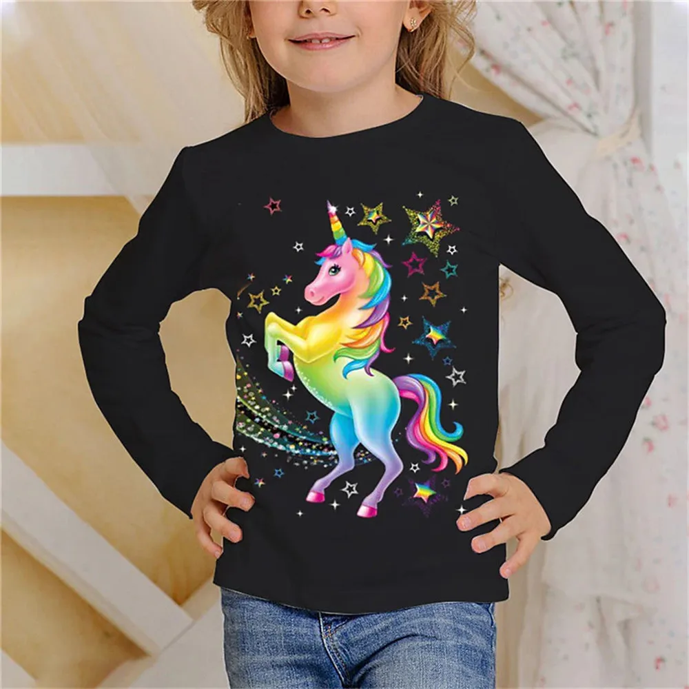 

﻿Spring Child Girls Clothing Cartoon Unicorn 3D Graphic Children's T-Shirt Aged 2 to 8 Fashion Tee Full Sleeve Top Baby Clothes